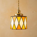 Handmade Geometric Stained Glass Pendant Light, Amber Orange Yellow Boho Fixture