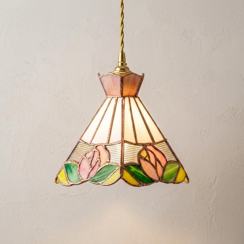 Stained Glass Pendant Light Shade, Rose Floral Tiffany Style Lamp Shade, Small Vintage Hanging Lamp Shade, Cottagecore Glass Decor