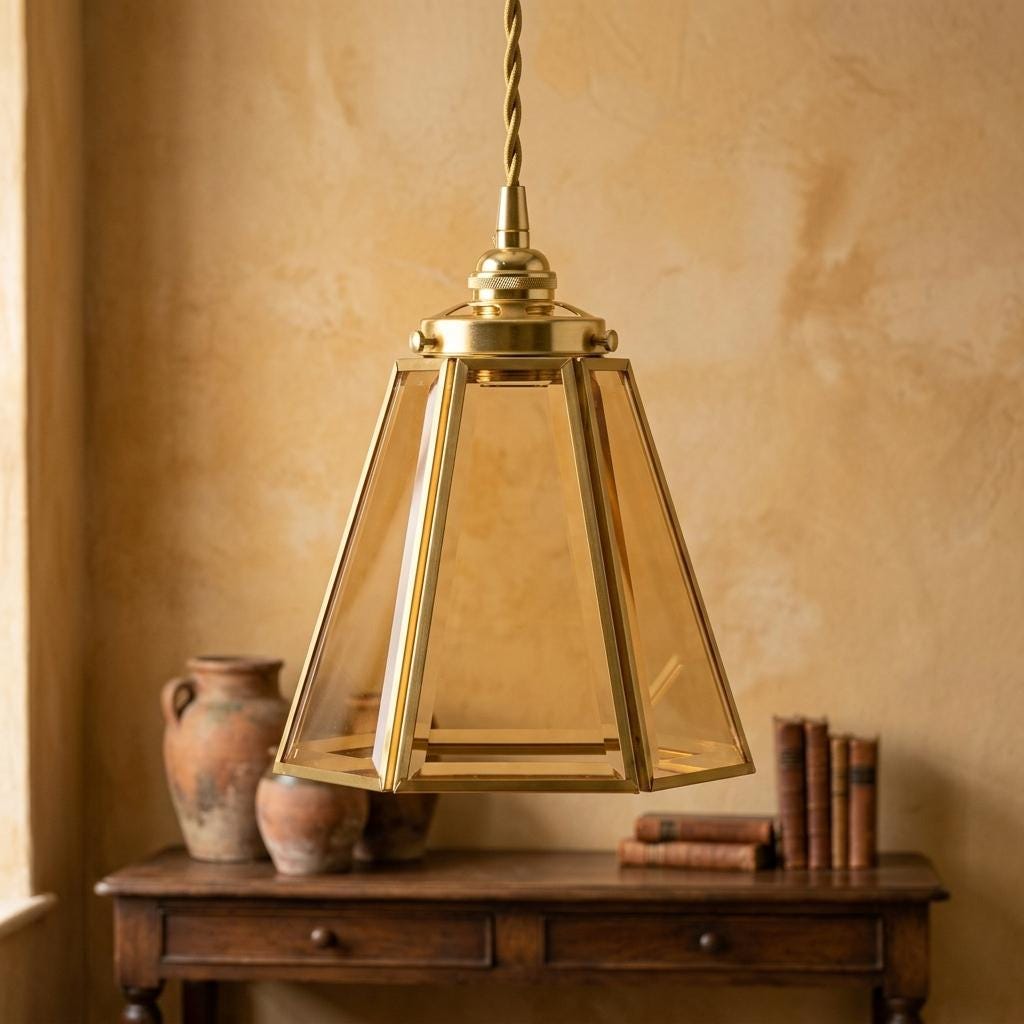 Amber Geometric Glass Pendant Light, Faceted Art Deco Hanging Lamp