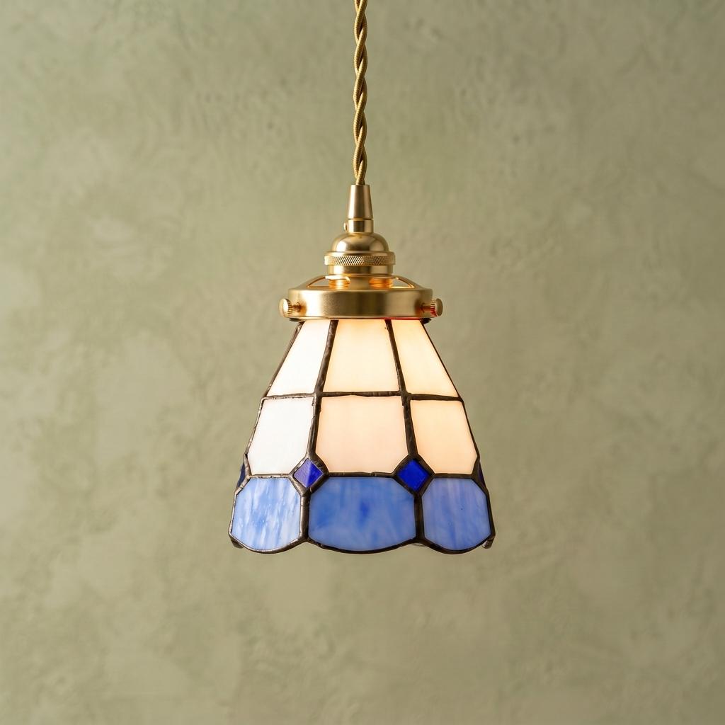Handmade Blue Cream Geometric Stained Glass Pendant Light, Vintage Boho Mini Hanging Lamp