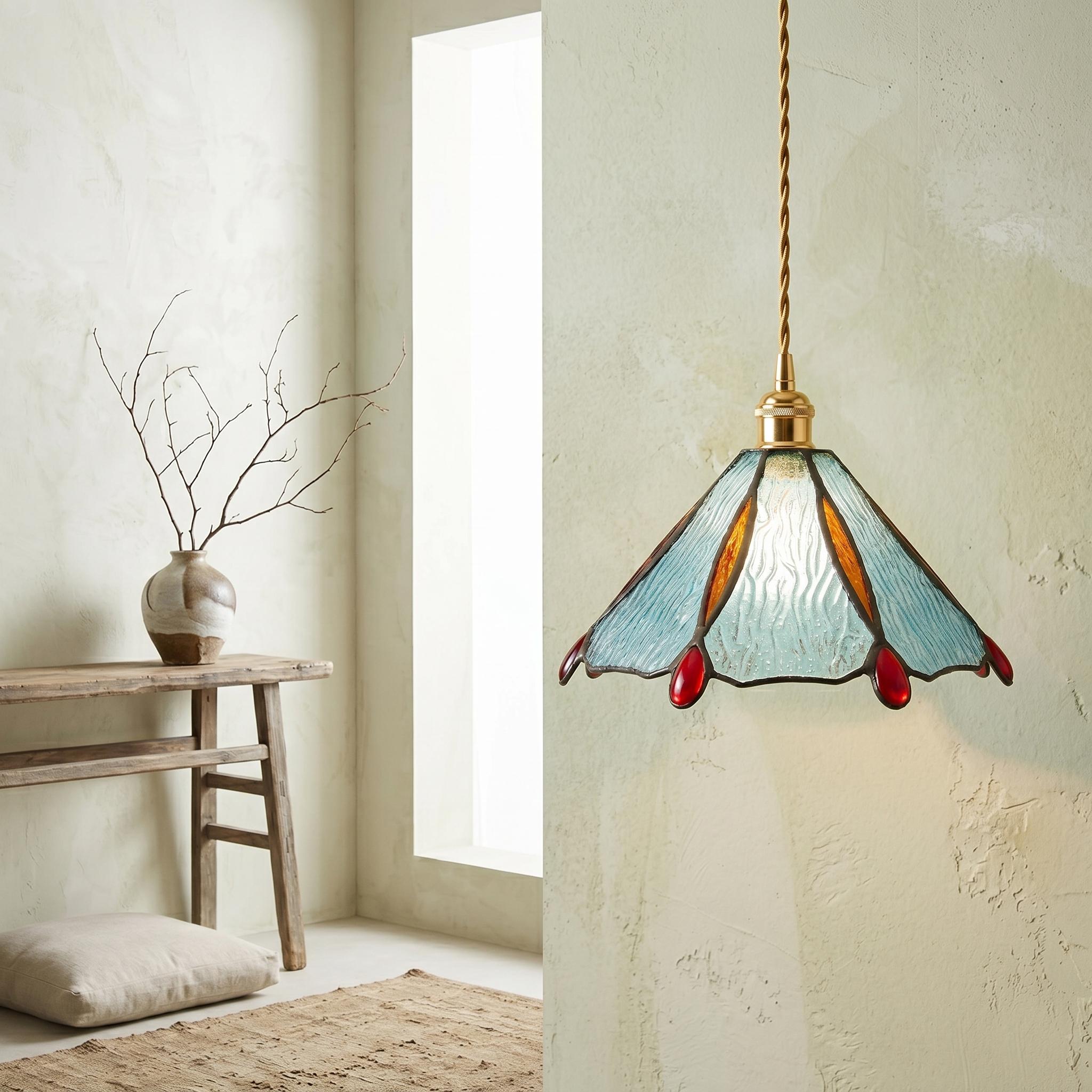 Handmade Stained Glass Pendant Light, Aqua Blue Tiffany Style Hanging Lamp,Floral Glass Ceiling Light, Ruby Red Accent Cottagecore Decor
