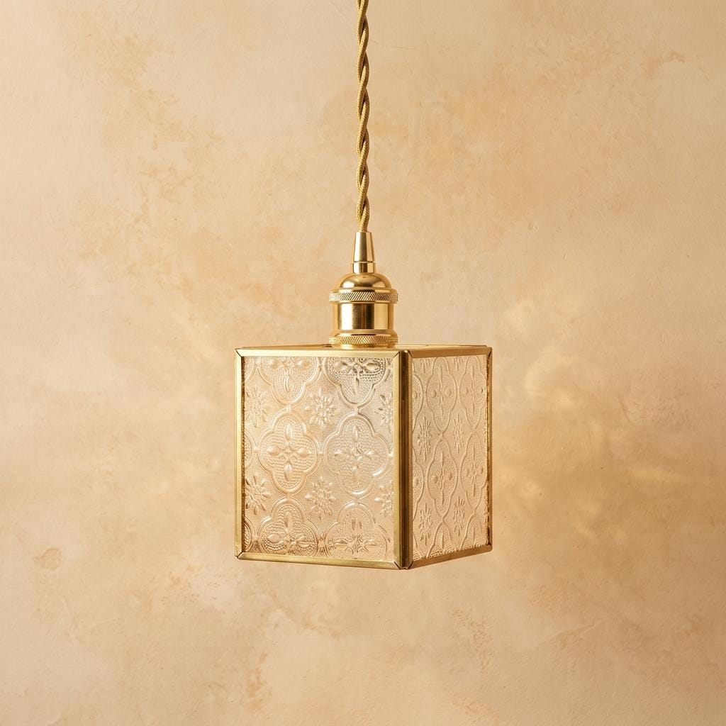 Small Square Embossed Glass Pendant Light, Vintage Brass Hanging Lamp, Boho Artisan Fixture