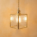 Textured Glass Pendant Light, Square Brass Frame Hanging Lamp, Vintage Kitchen Island Light (10cm)