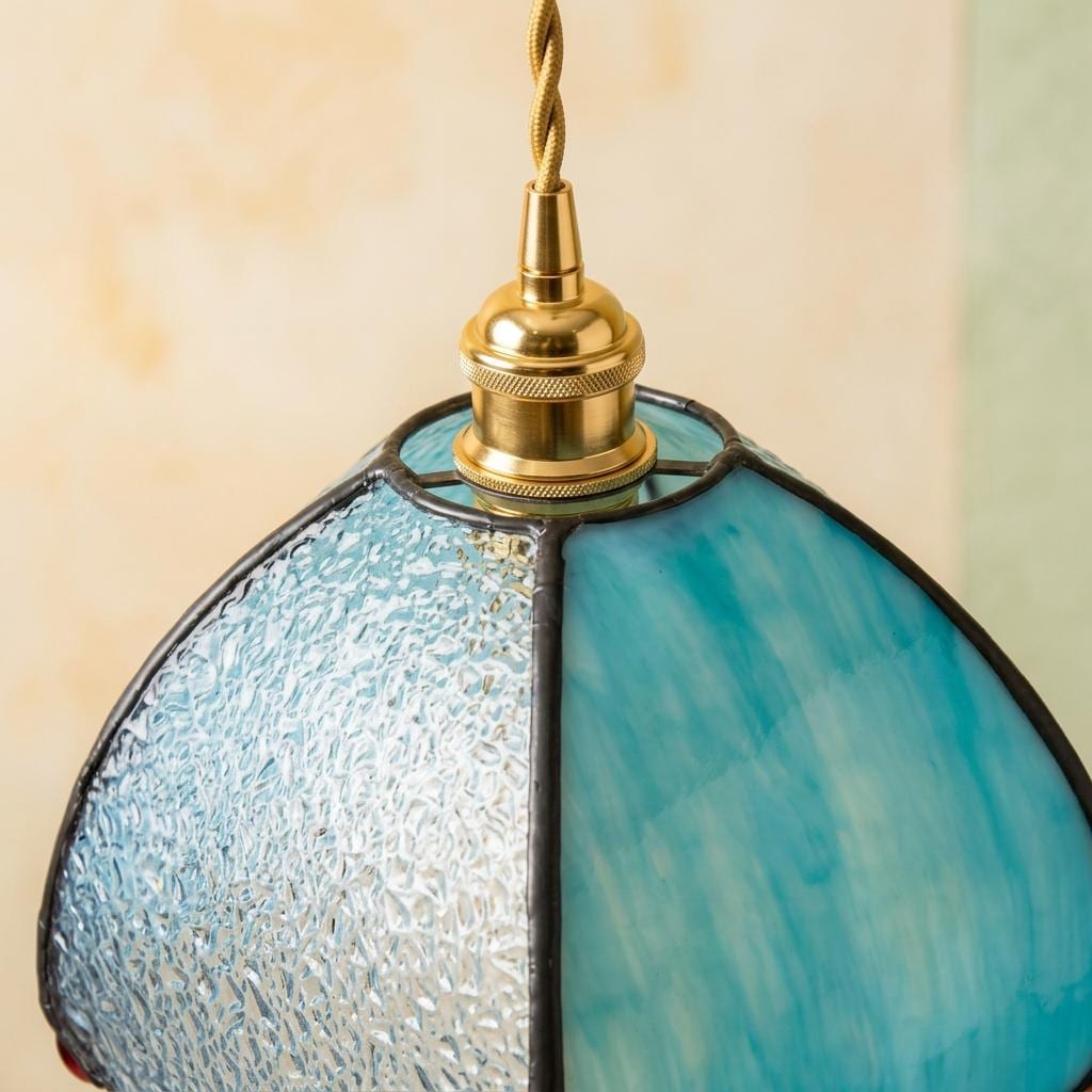 Aqua Blue Stained Glass Dome Pendant Light, Art Nouveau Ceiling Lamp
