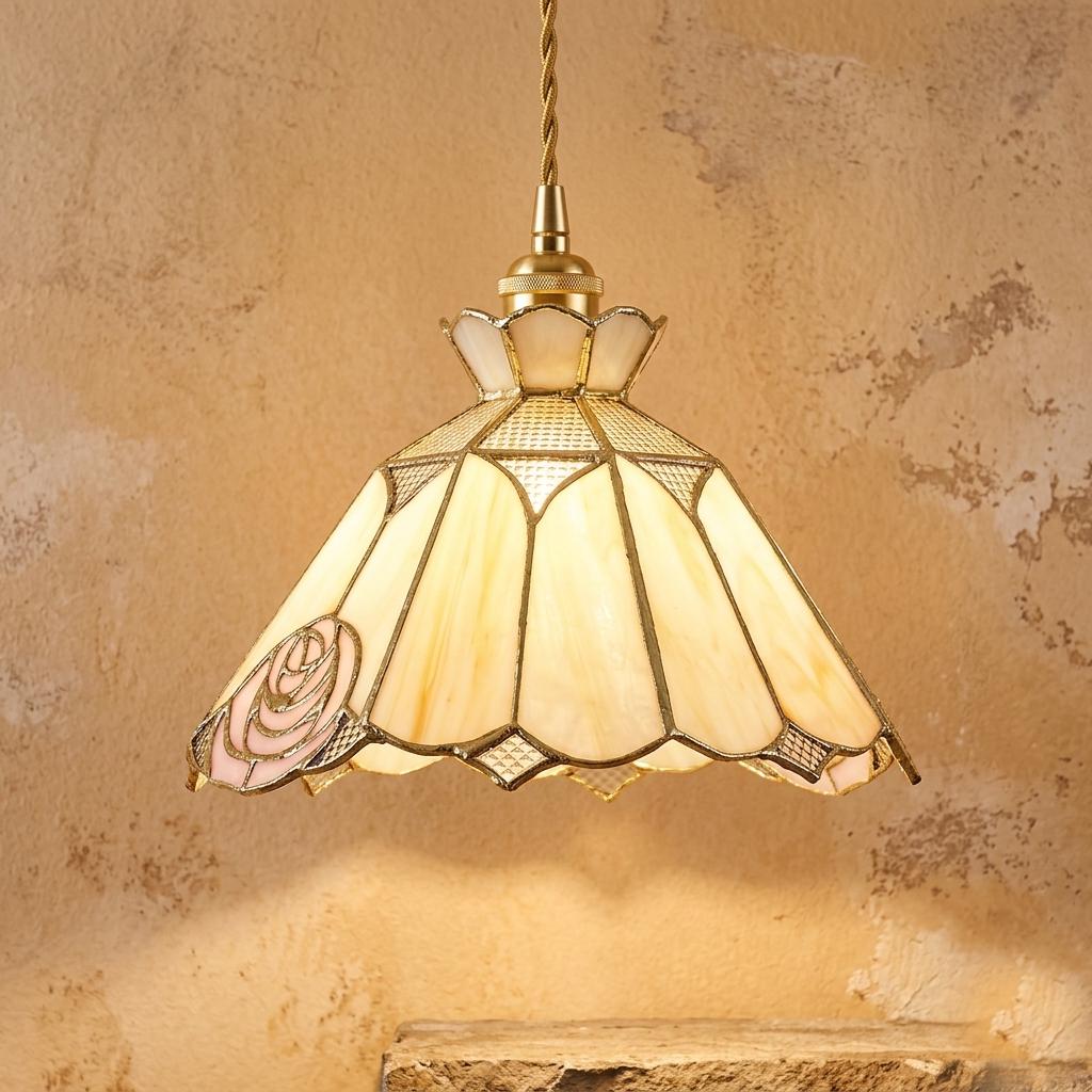 Handmade Rose Stained Glass Pendant Light, Vintage Tiffany Style Floral Hanging Lamp, Cream Pink Glass Lampshade for Cottagecore Home Decor