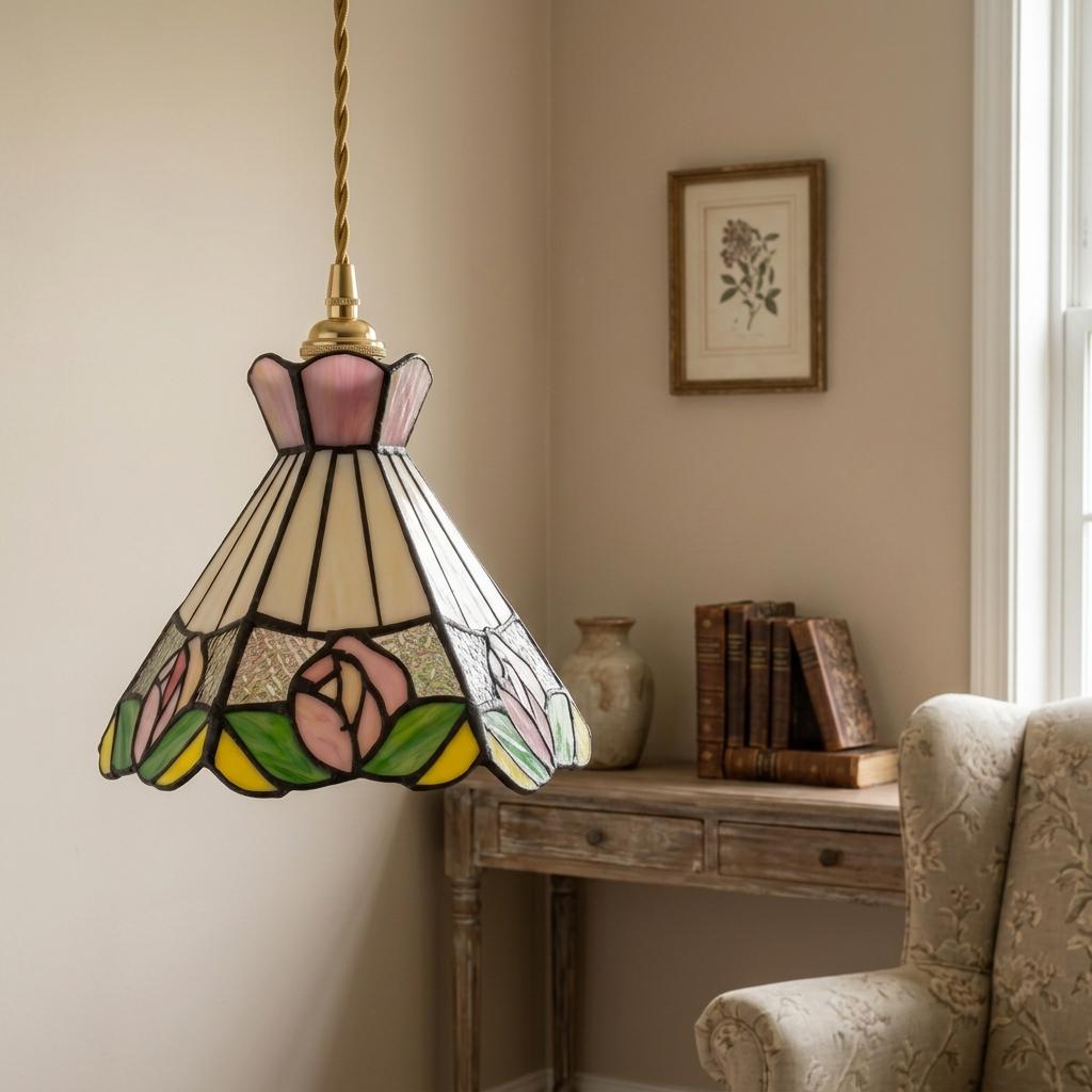 Handmade Stained Glass Lamp Shade, Pink Rose Floral Replacement, Vintage Cottage Decor