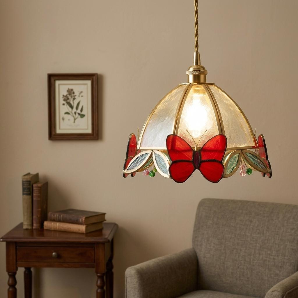 Red Butterfly Stained Glass Pendant Light, Tiffany Style Hanging Lamp, Handmade Cottagecore Lamp, Whimsical Kitchen Island Decor
