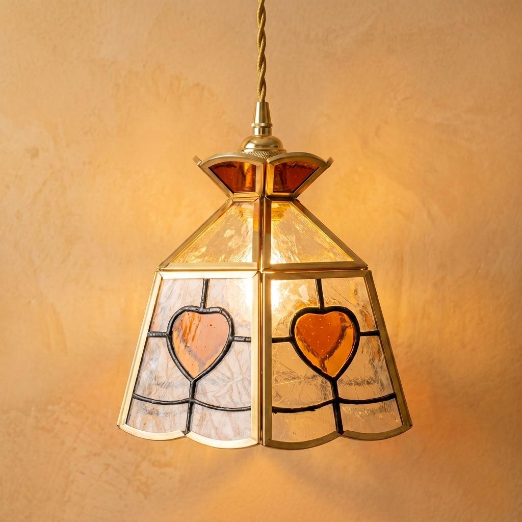 Amber Heart Stained Glass Lampshade, Tiffany Style Replacement Lamp Shade, Vintage Clear Textured Glass Shade, Romantic Cottage Decor