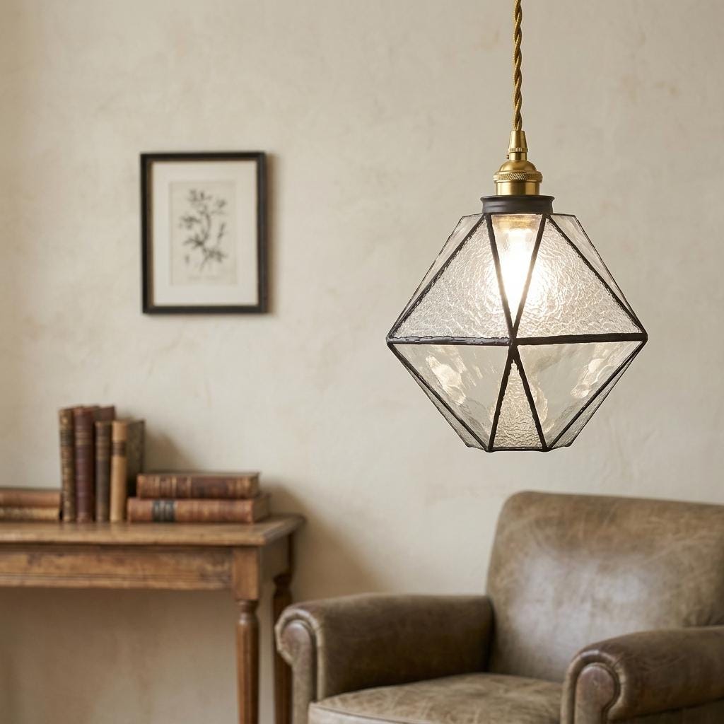 Clear Textured Geometric Stained Glass Pendant Light Shade, Vintage Lantern Hanging Lamp