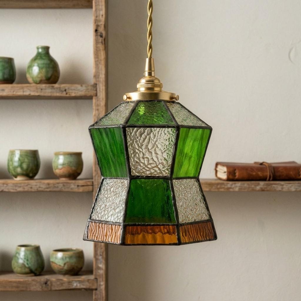 Green Stained Glass Pendant Light, Small Geometric Tiffany Style Hanging Lamp, Art Deco Entryway Ceiling Light
