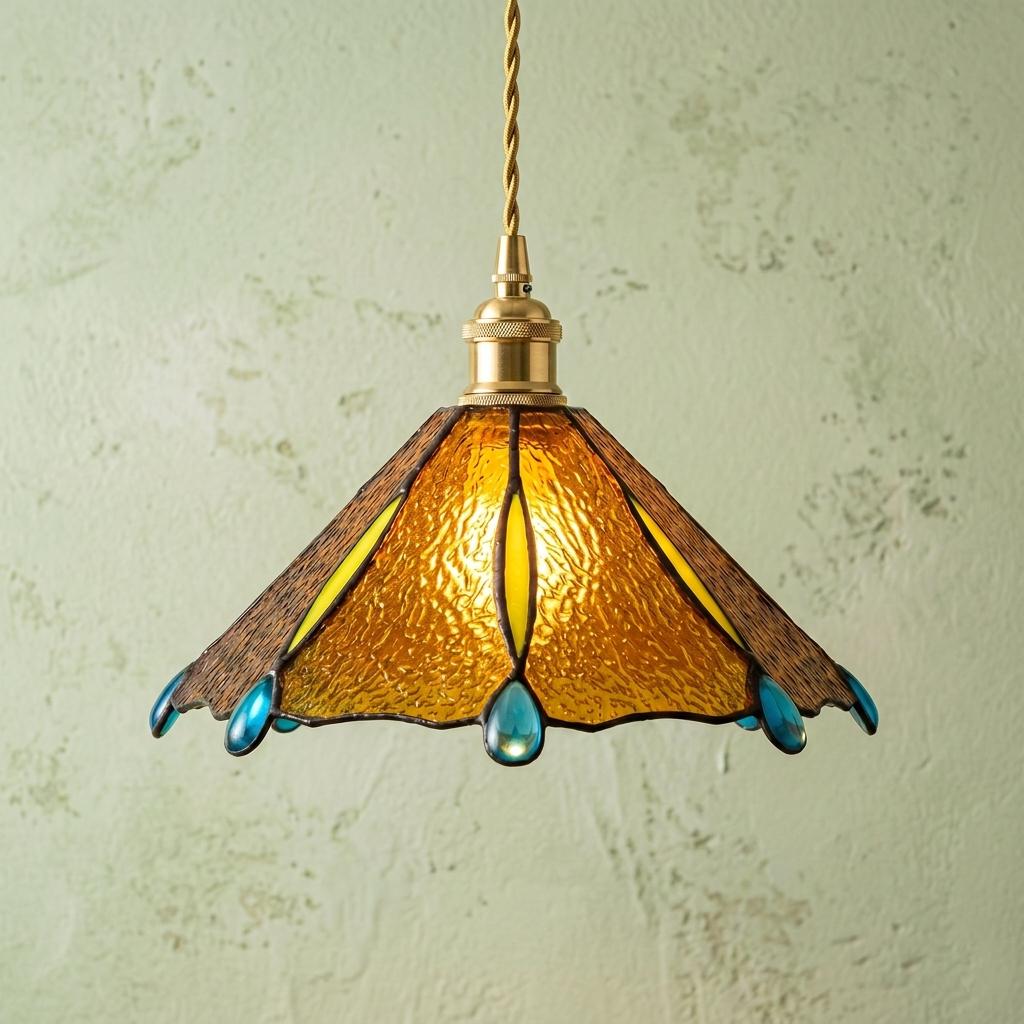 Stained Glass Dragonfly Pendant Lampshade, Amber Tiffany Style Art Glass Shade, Handmade Hanging Light Shade, Boho Cottage Decor