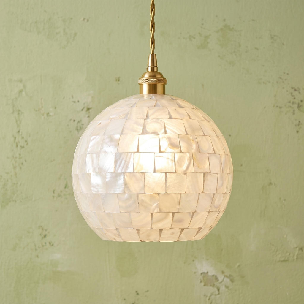 Handmade Capiz Shell Globe Pendant Light , White Mosaic Coastal Lamp, Boho Home Accent
