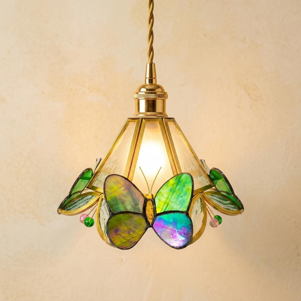 Handmade Butterfly Stained Glass Pendant Light, Green Botanical Art Nouveau Lampshade