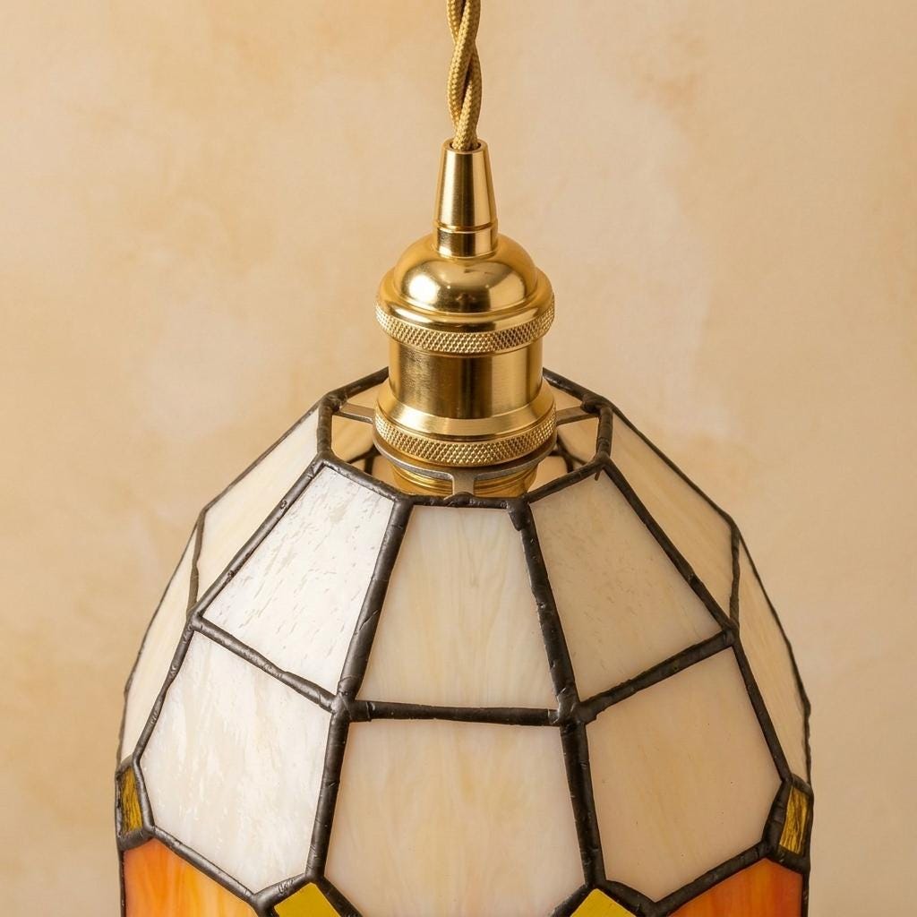 Stained Glass Pendant Light, Amber Orange and Cream Geometric Hanging Lamp, Tiffany Style Ceiling Light, Vintage Kitchen Decor