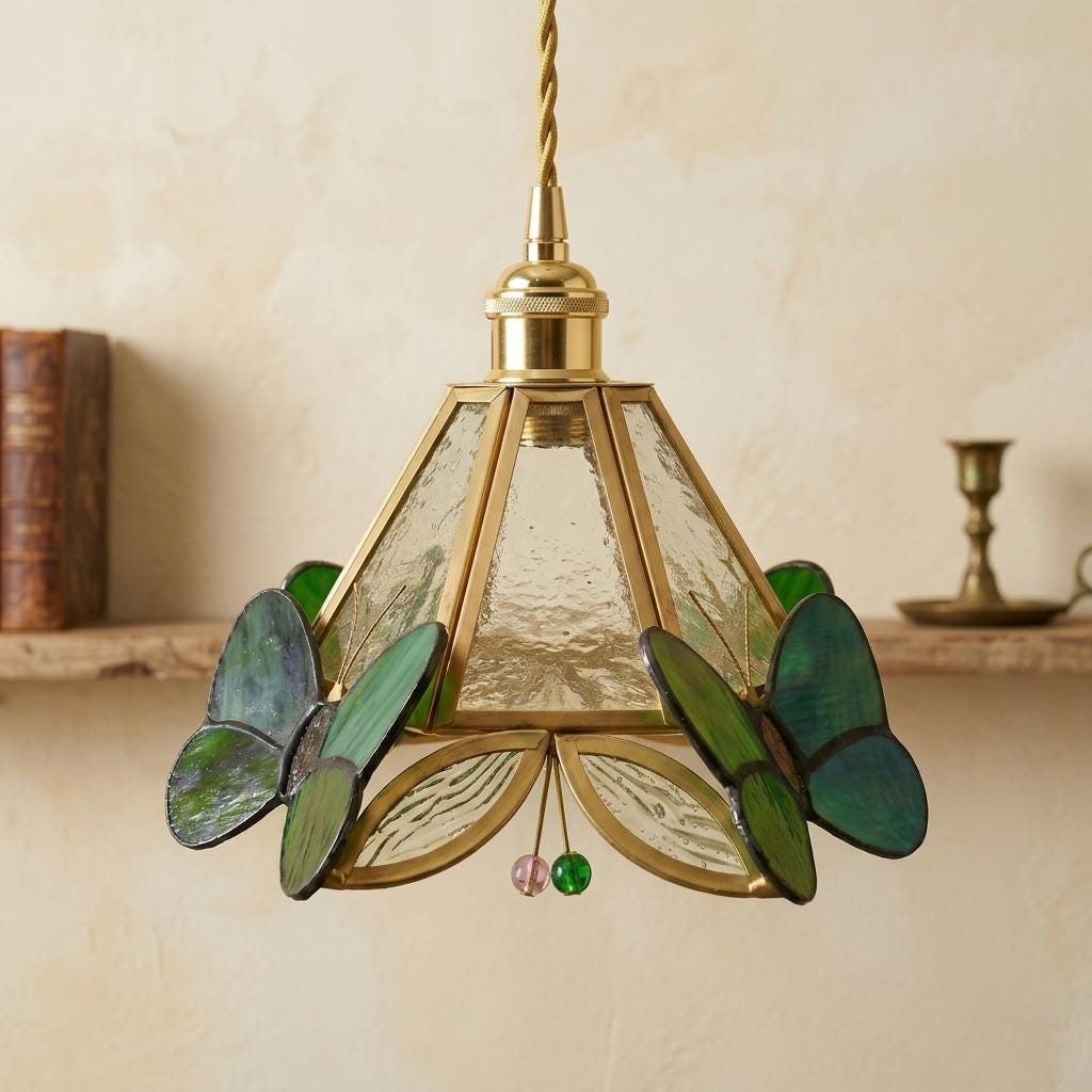 Handmade Butterfly Stained Glass Pendant Light, Green Botanical Art Nouveau Lampshade