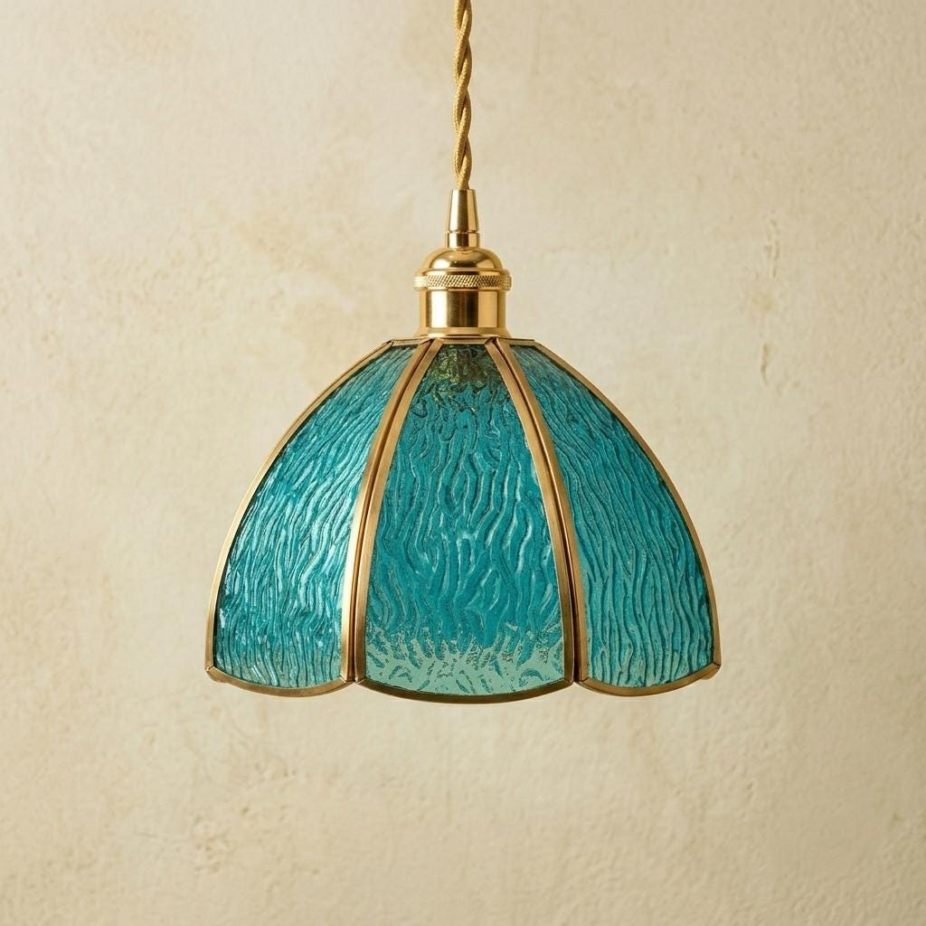 Aqua Blue Textured Glass Dome Pendant Light, Vintage Coastal Brass Fixture