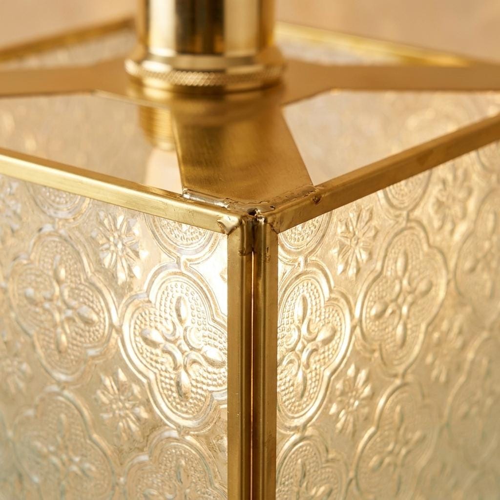 Textured Glass Pendant Light, Square Brass Tone Hanging Lamp, Vintage Style Entryway Kitchen Lighting