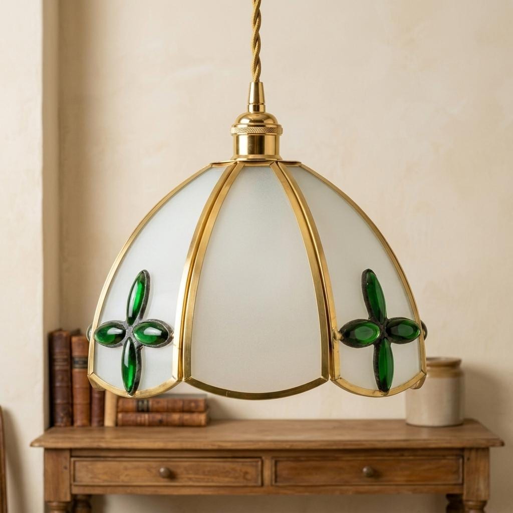 Green Floral Stained Glass Pendant Light, Cream Scalloped Dome Ceiling Lamp