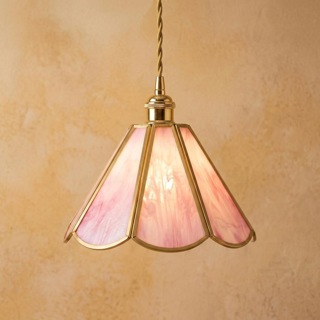 Pink Stained Glass Pendant Light, Scalloped Flower Petal Hanging Lamp, Tiffany Style Cottagecore Ceiling Fixture