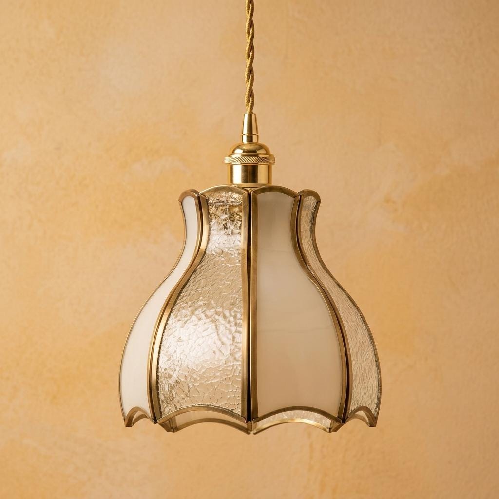 White Textured Glass Tulip Pendant Light, Vintage Brass Tone Ceiling Fixture