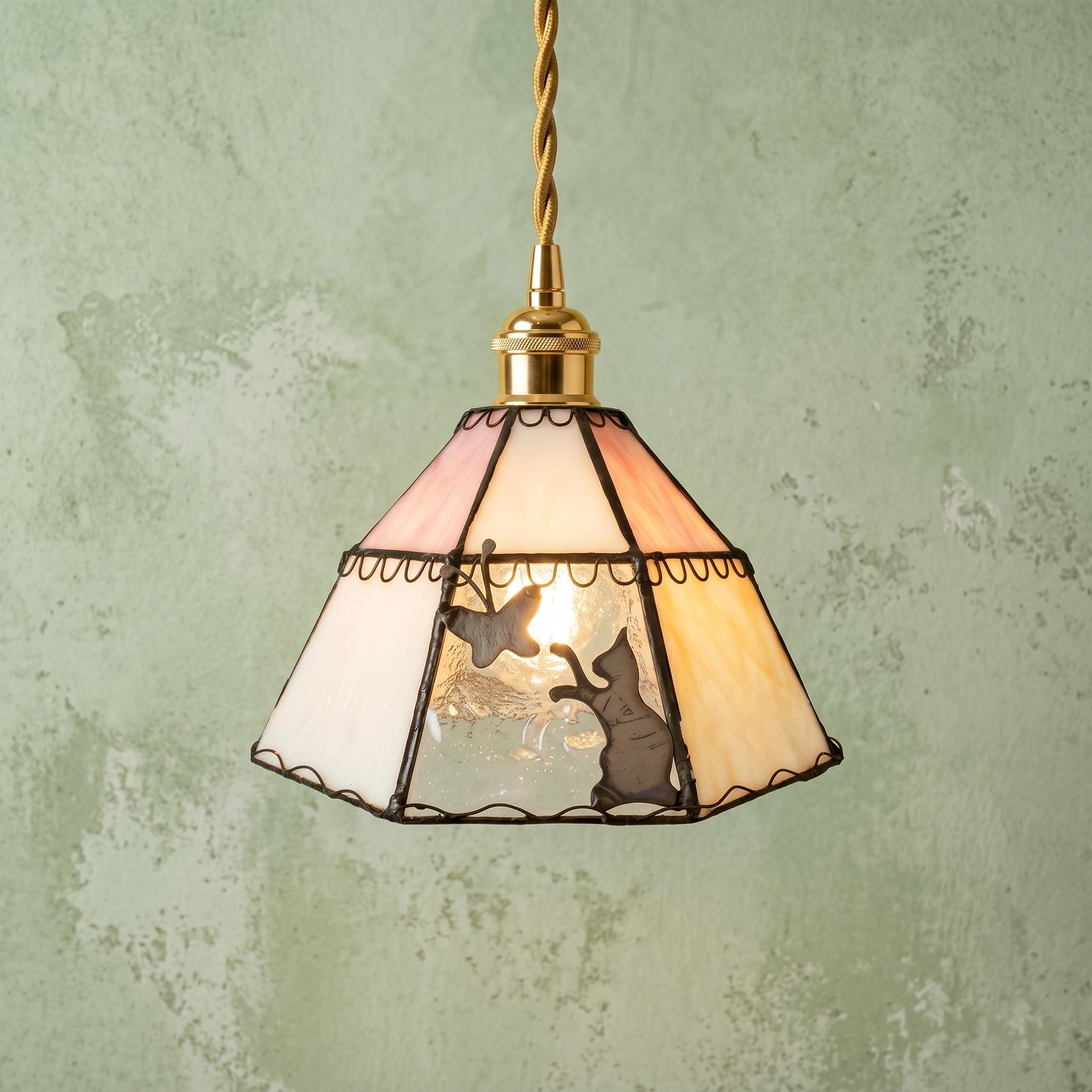 Handmade Cat Stained Glass Pendant Light, Butterfly Tiffany Style Hanging Lamp, Pastel Cottagecore Ceiling Light, Cat Lamp Shade