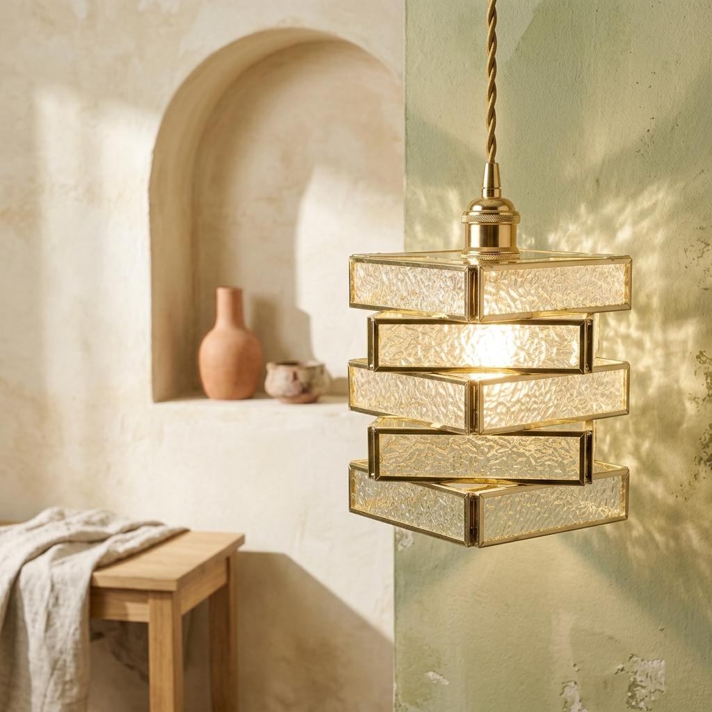 Gold Textured Glass Pendant Light, Square Stacked Geometric Hanging Lamp