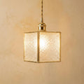 Textured Glass Pendant Light, Square Brass Tone Hanging Lamp, Vintage Style Fixture
