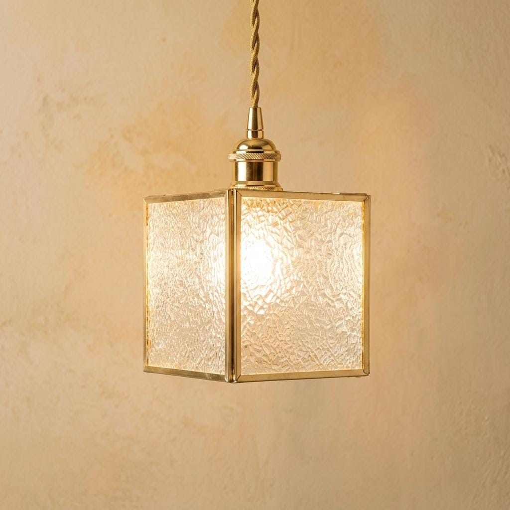 Textured Glass Pendant Light, Square Brass Tone Hanging Lamp, Vintage Style Fixture