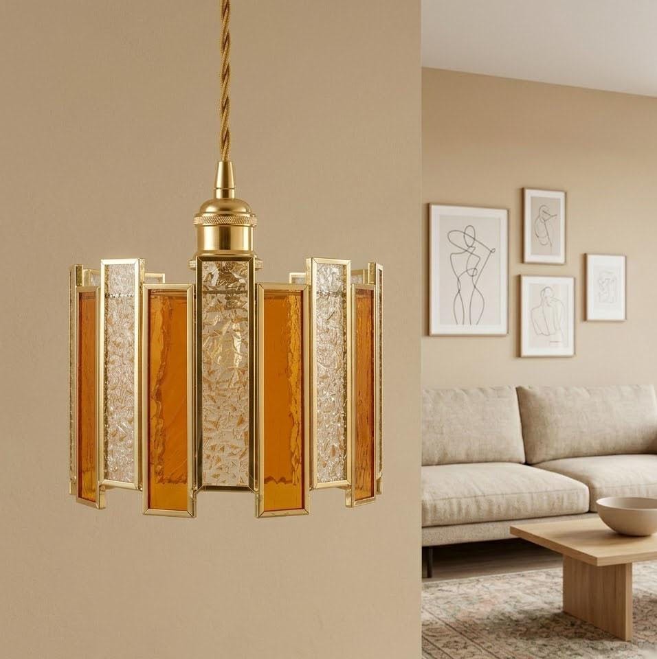 Handmade Amber Stained Glass Pendant Light, Art Deco Gold Hanging Lamp