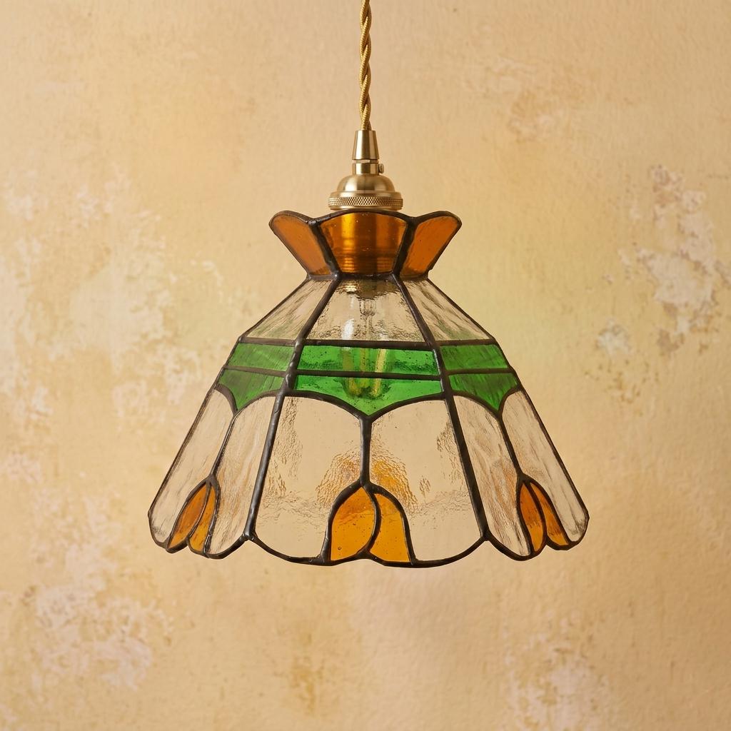 Stained Glass Lamp Shade, Tiffany Style Floral Pendant Light Shade, Green Amber Glass Hanging Lamp, Small Vintage Sconce Shade