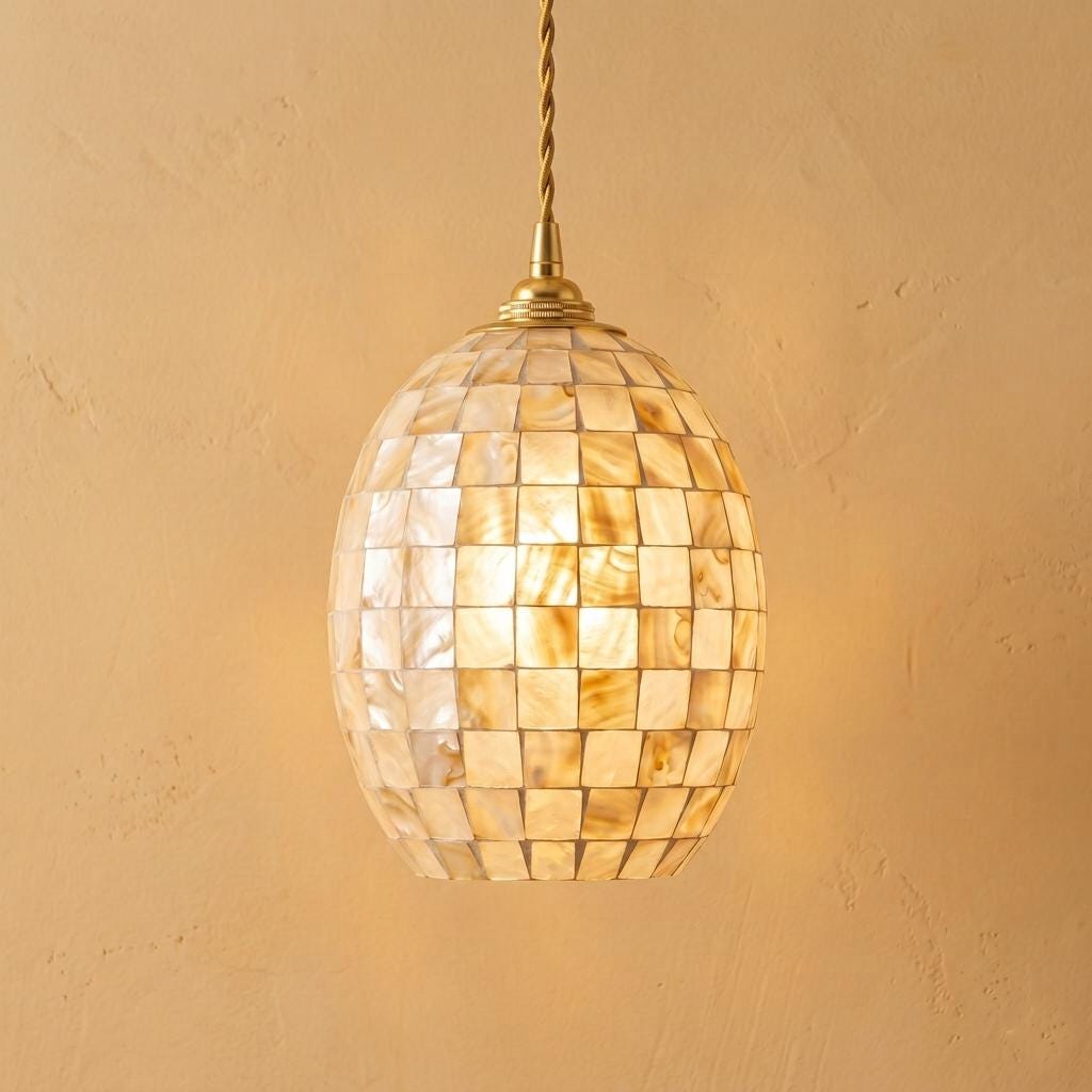 Cream Mosaic Glass Pendant Light Shade, Oval Hanging Lamp Cover, Warm Cottage Decor