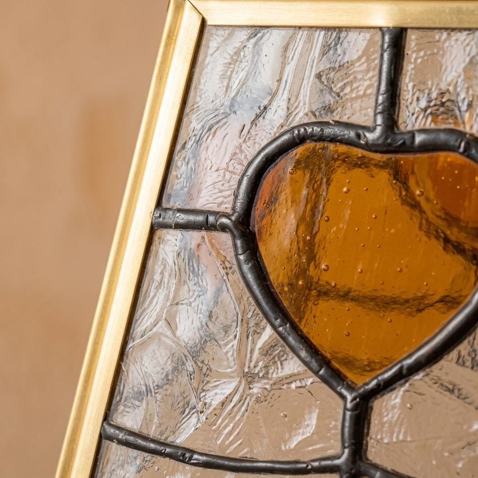 Amber Heart Stained Glass Lampshade, Tiffany Style Replacement Lamp Shade, Vintage Clear Textured Glass Shade, Romantic Cottage Decor