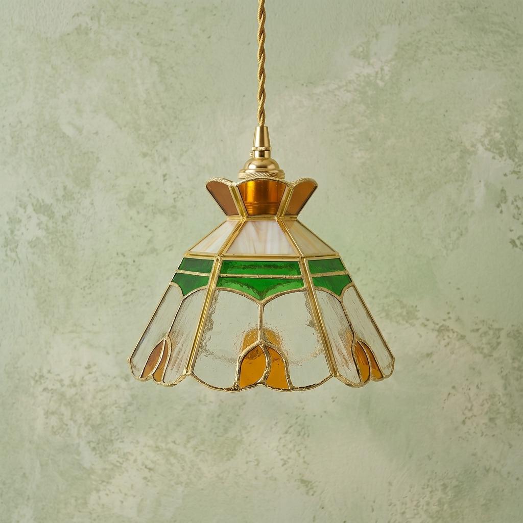 Stained Glass Pendant Light Shade, Green Amber Floral Art Glass Hanging Lamp