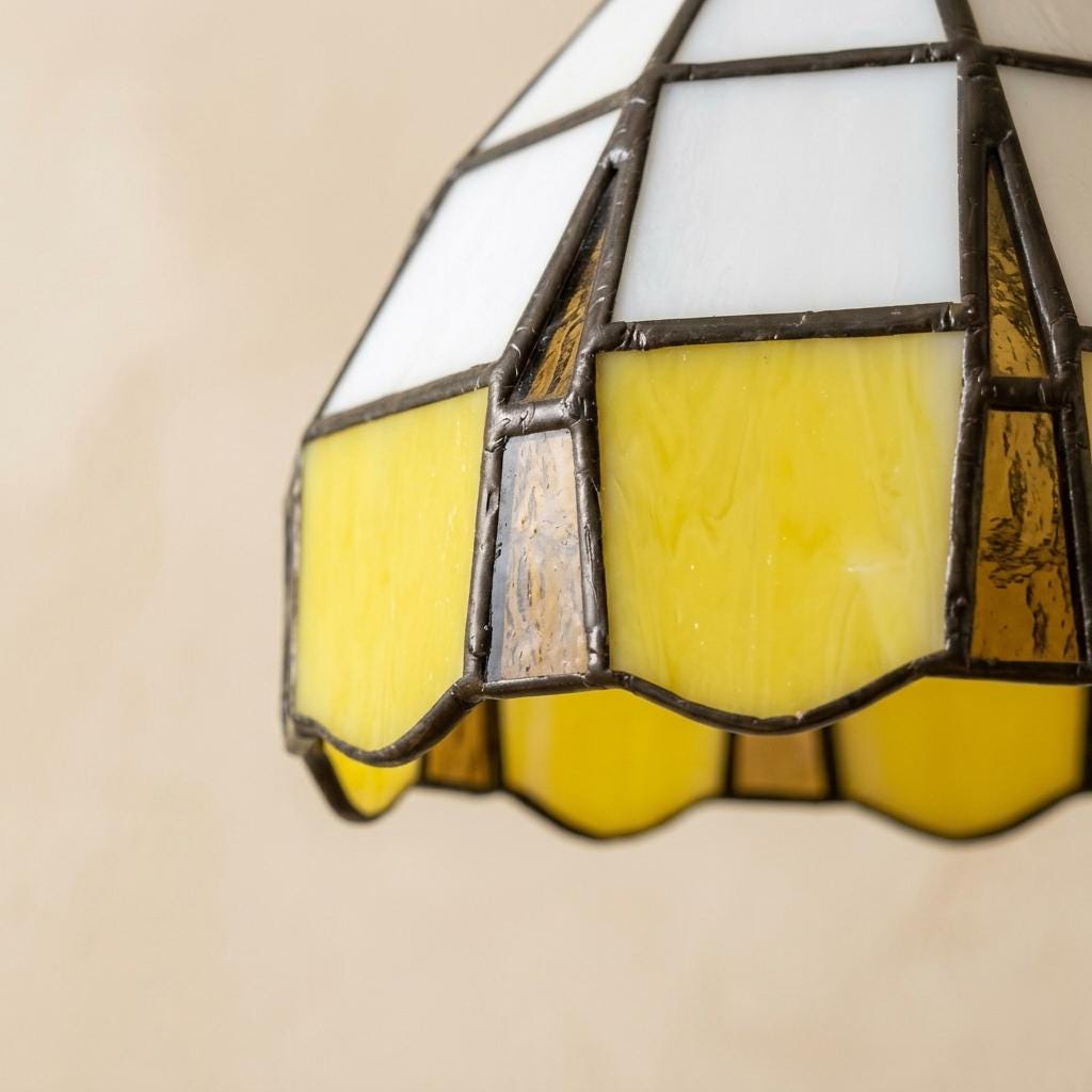 Yellow Stained Glass Pendant Light, Small Tiffany Style Hanging Lamp, White Scalloped Glass Ceiling Light, Vintage Cottage Decor