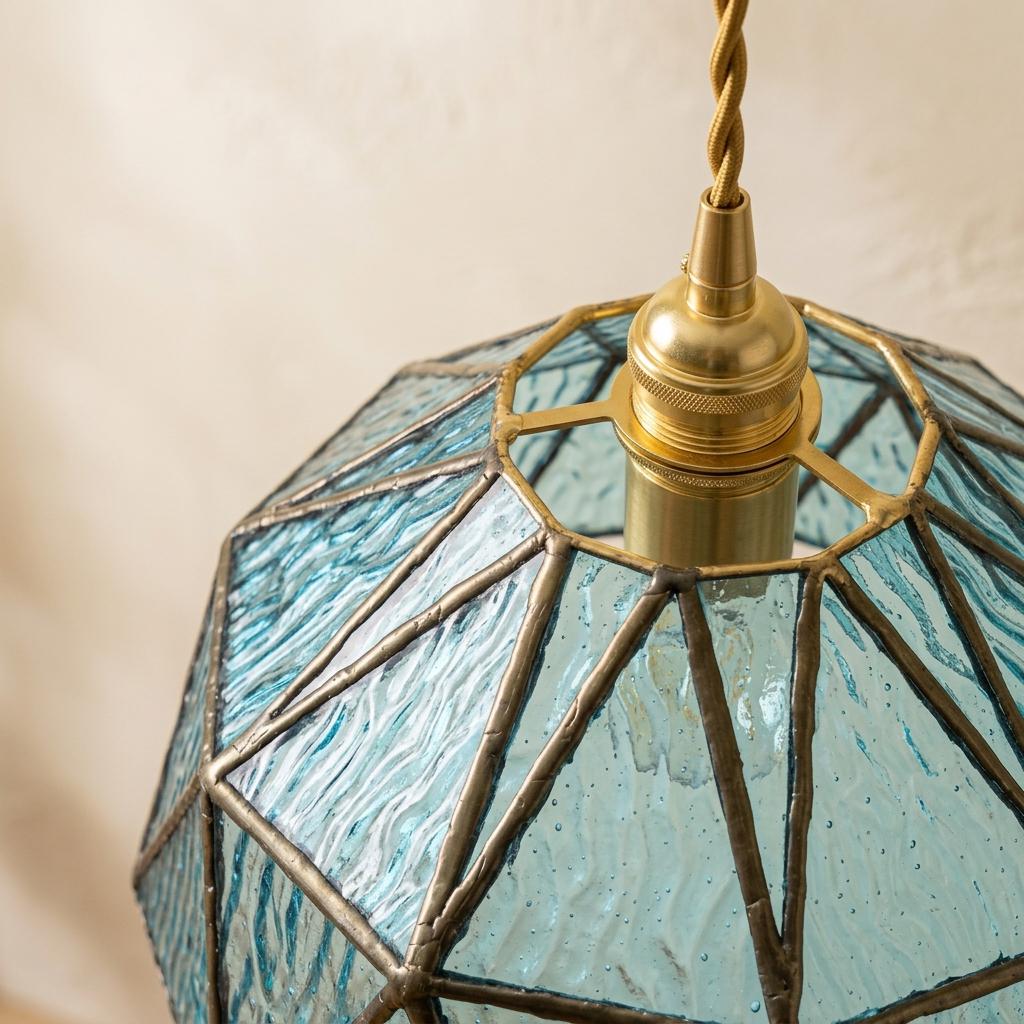 Teal Geometric Stained Glass Pendant Light, Textured Vintage Style Hanging Lamp