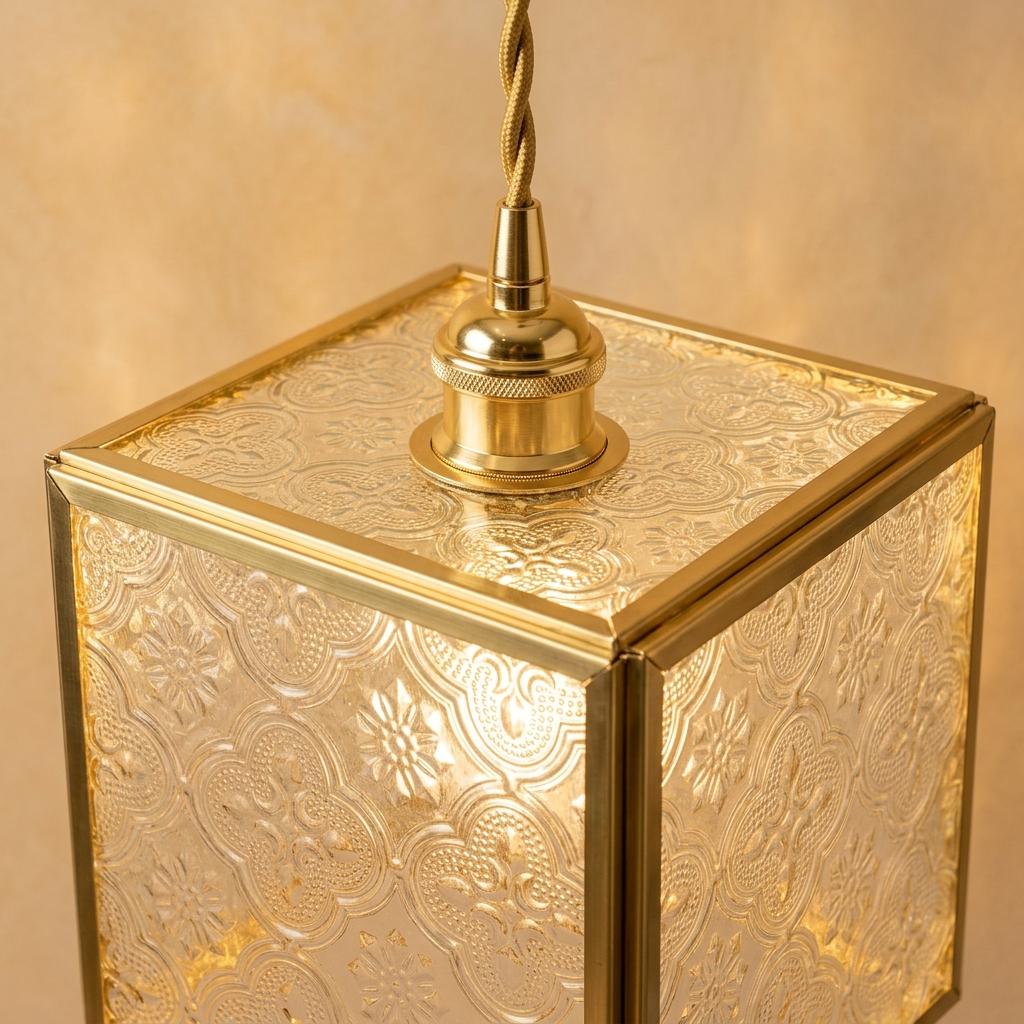Square Embossed Glass Pendant Light, Brass Tone Cube Hanging Lamp