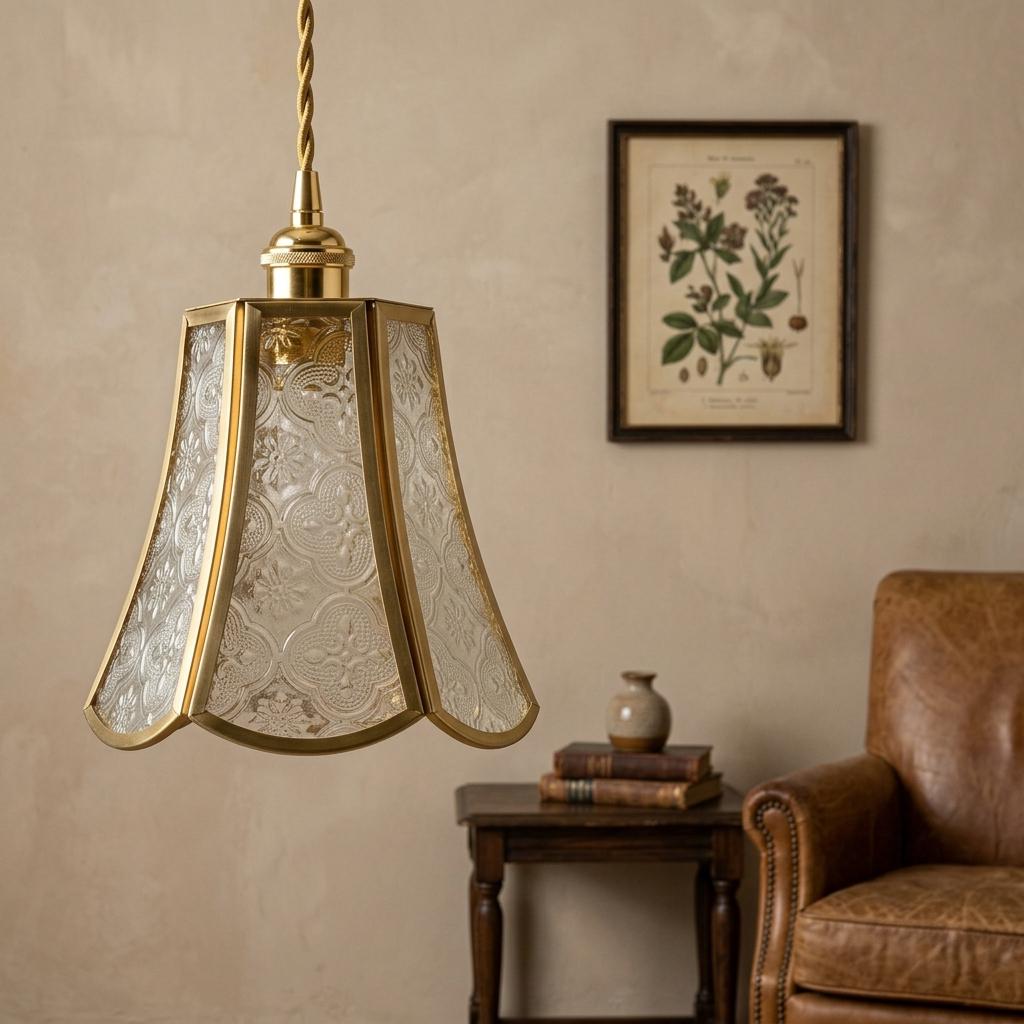Clear Embossed Glass Pendant Light, Vintage Brass Floral Hanging Lamp