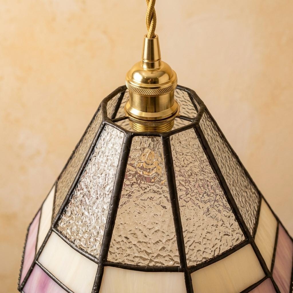 Pink Stained Glass Pendant Light, Small Tiffany Style Hanging Lamp, Blush Cream Glass Ceiling Light, Cottagecore Bedroom Lighting