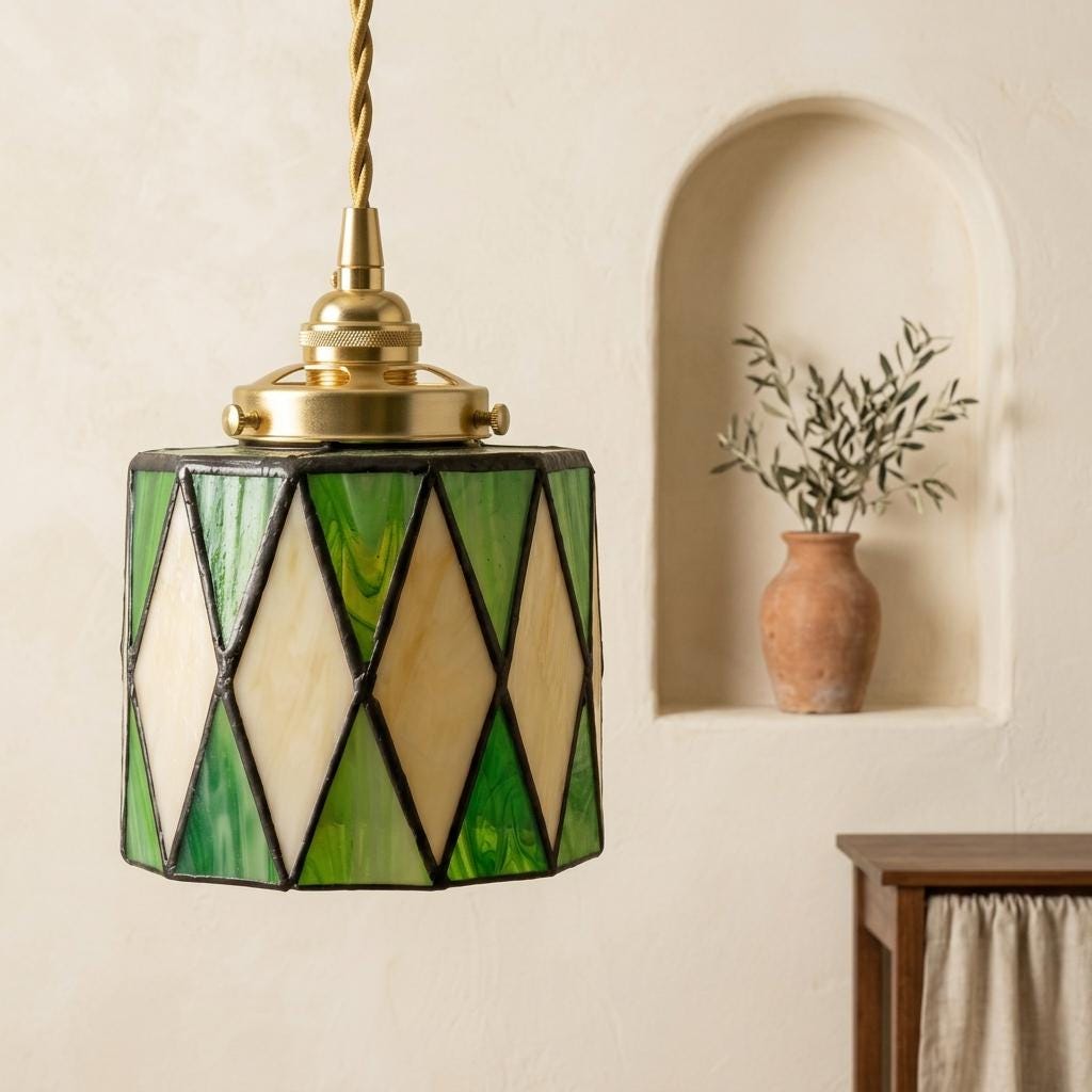 Green Stained Glass Pendant Light, Ivory Harlequin Diamond Hanging Lamp, Small Tiffany Style Ceiling Light, Vintage Boho Decor