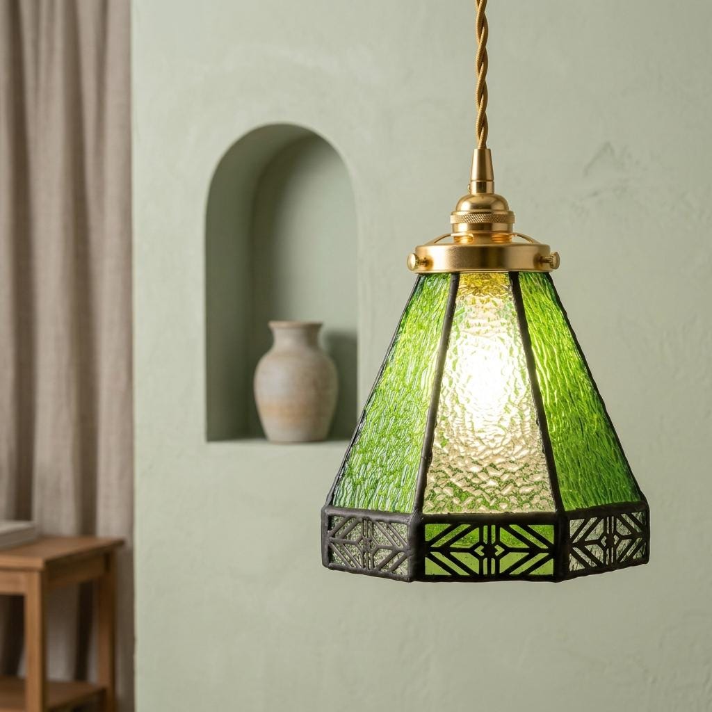 Green Stained Glass Pendant Light, Geometric Art Deco Hanging Lamp, Vintage Boho Kitchen Accent