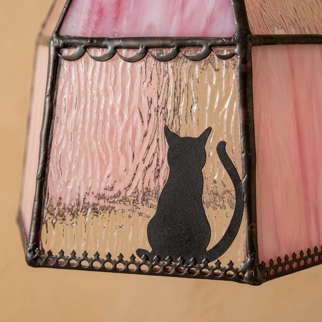 Handmade Pink Stained Glass Cat Lampshade, Vintage Style Replacement Shade