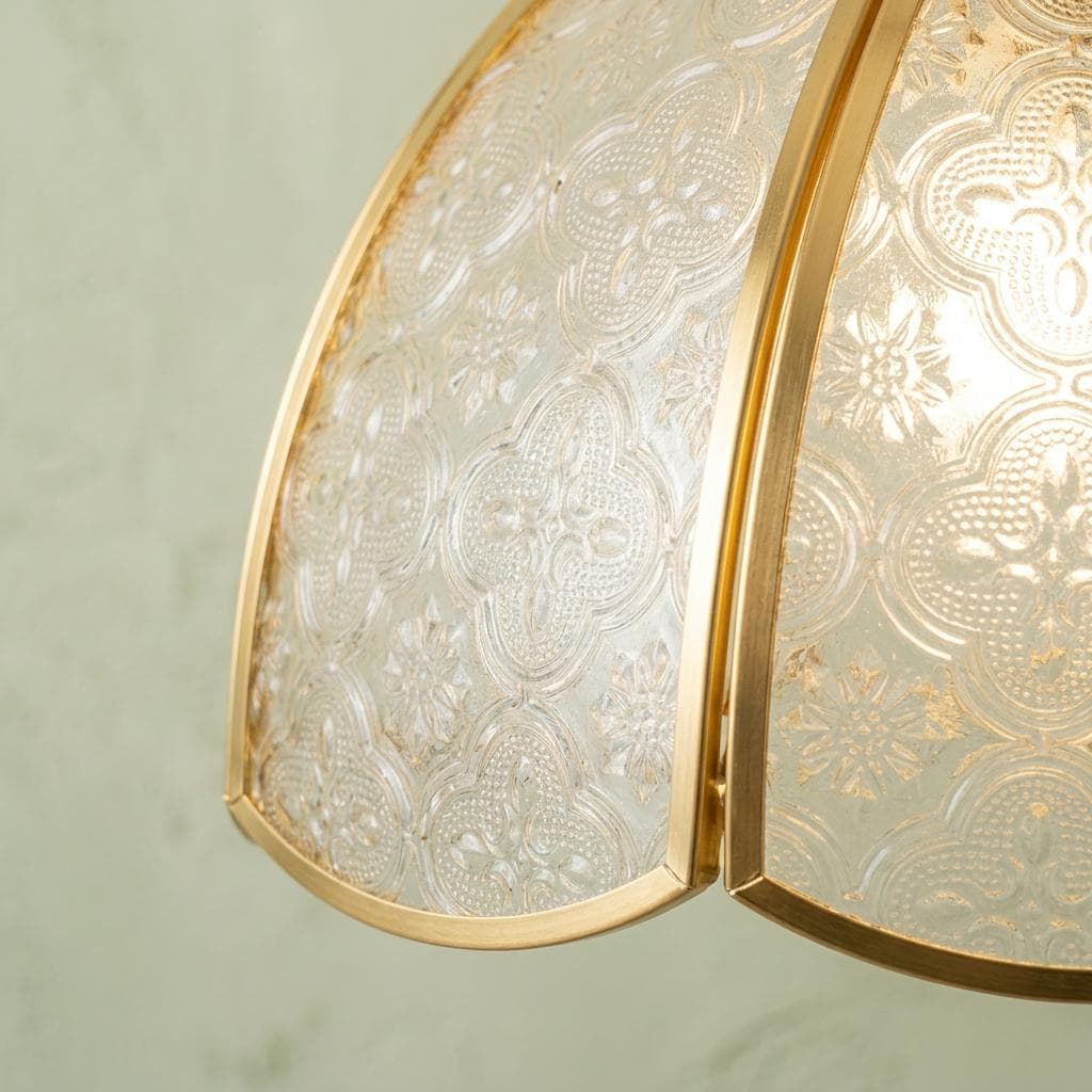 Textured Glass Pendant Light, Gold Floral Dome, Vintage Cottagecore Ceiling Fixture
