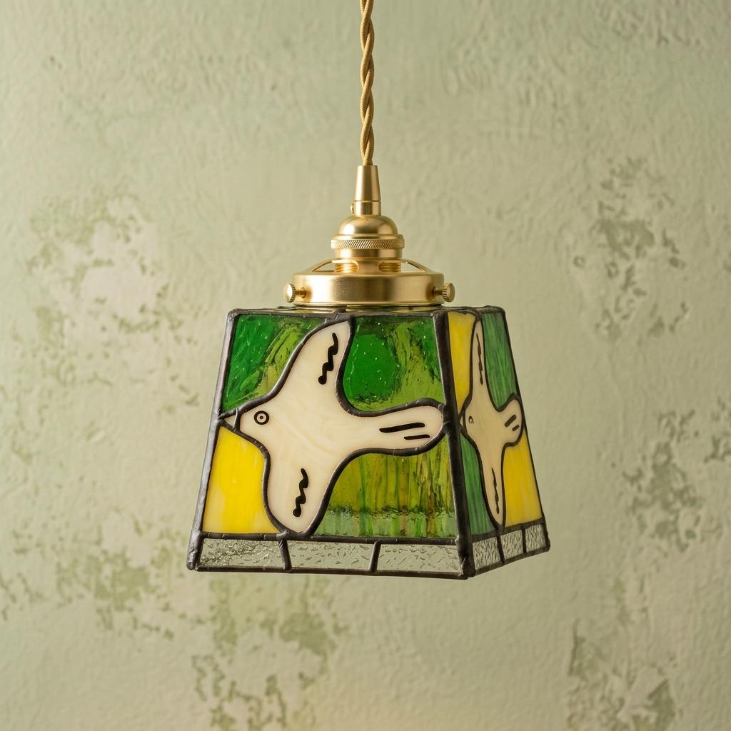 White Dove Stained Glass Pendant Light, Green Yellow Tiffany Style Hanging Lamp, Peace Bird Ceiling Light, Whimsical Home Decor
