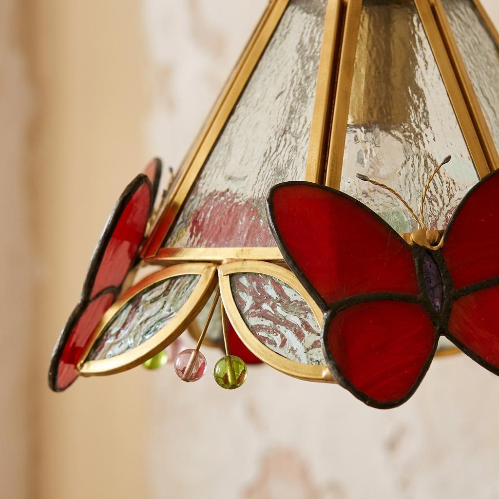 Stained Glass Butterfly Pendant Light, Red Orange Tiffany Style Hanging Lamp Shade, Handmade Cottagecore Ceiling Light, Art Glass Decor