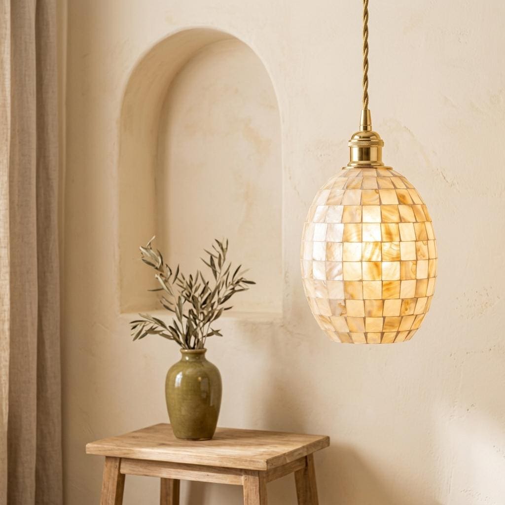Cream Mosaic Glass Pendant Light Shade, Oval Hanging Lamp Cover, Warm Cottage Decor