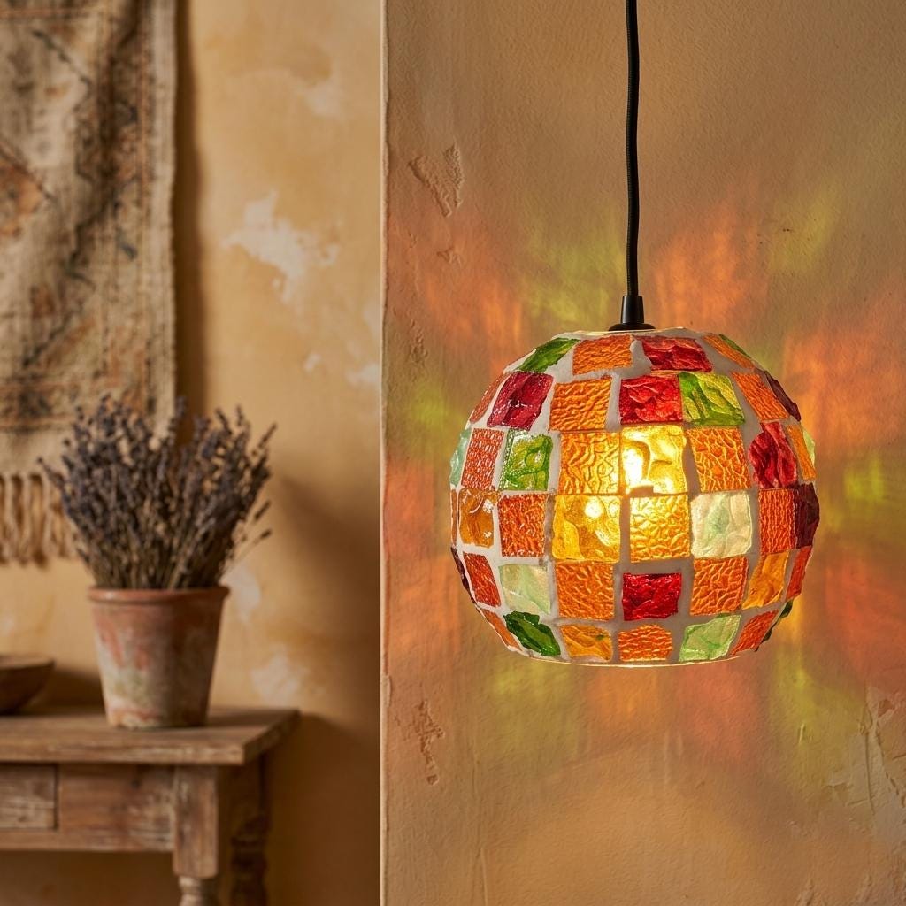 Handcrafted Mosaic Glass Pendant Light , Bohemian Art Glass Lamp, Eclectic Decor