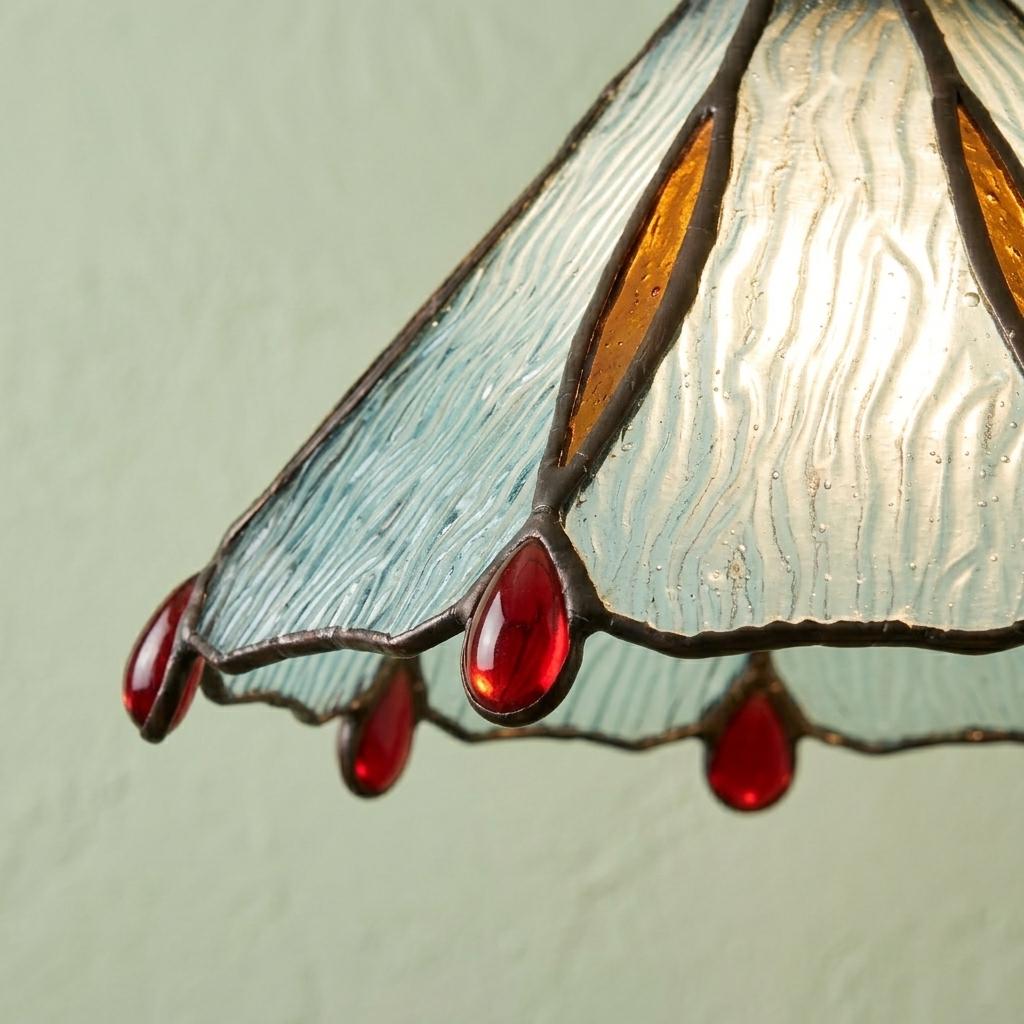 Handmade Stained Glass Pendant Light, Aqua Blue Tiffany Style Hanging Lamp,Floral Glass Ceiling Light, Ruby Red Accent Cottagecore Decor