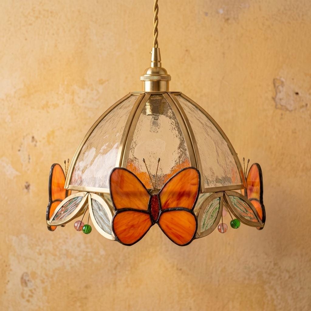 Orange Butterfly Stained Glass Pendant Light, Handmade Tiffany Style Lampshade, Cottagecore Ceiling Lamp, Floral Glass Shade