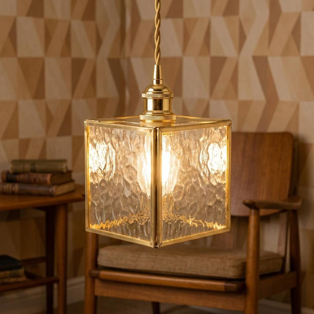 Textured Glass Pendant Light, Square Brass Frame Hanging Lamp, Vintage Kitchen Island Light (10cm)