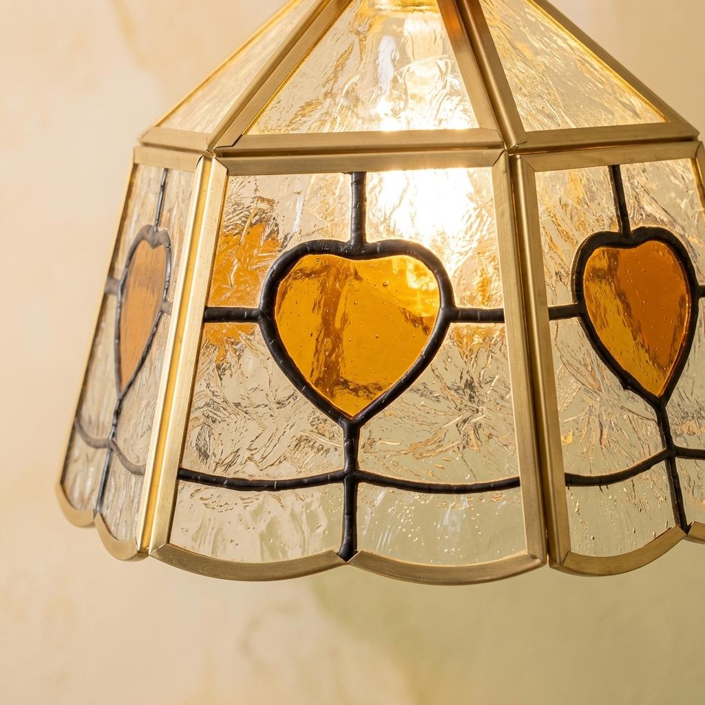 Amber Heart Stained Glass Lampshade, Tiffany Style Replacement Lamp Shade, Vintage Clear Textured Glass Shade, Romantic Cottage Decor